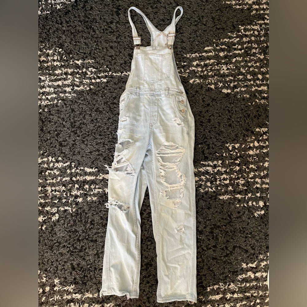 Women's Light Blue Distressed Overalls